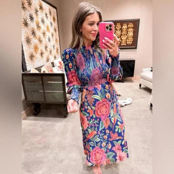 NEW, FARM Rio Macaw Bloom Floral Smocked Mock Neck Dress size L #MD1050 - Picture 4 of 7